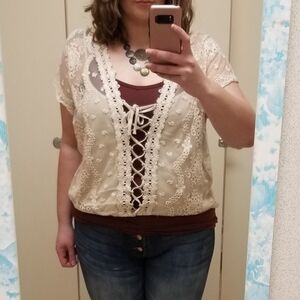 Gimmick bkl brand size xl beige lace up top with cami underneath.